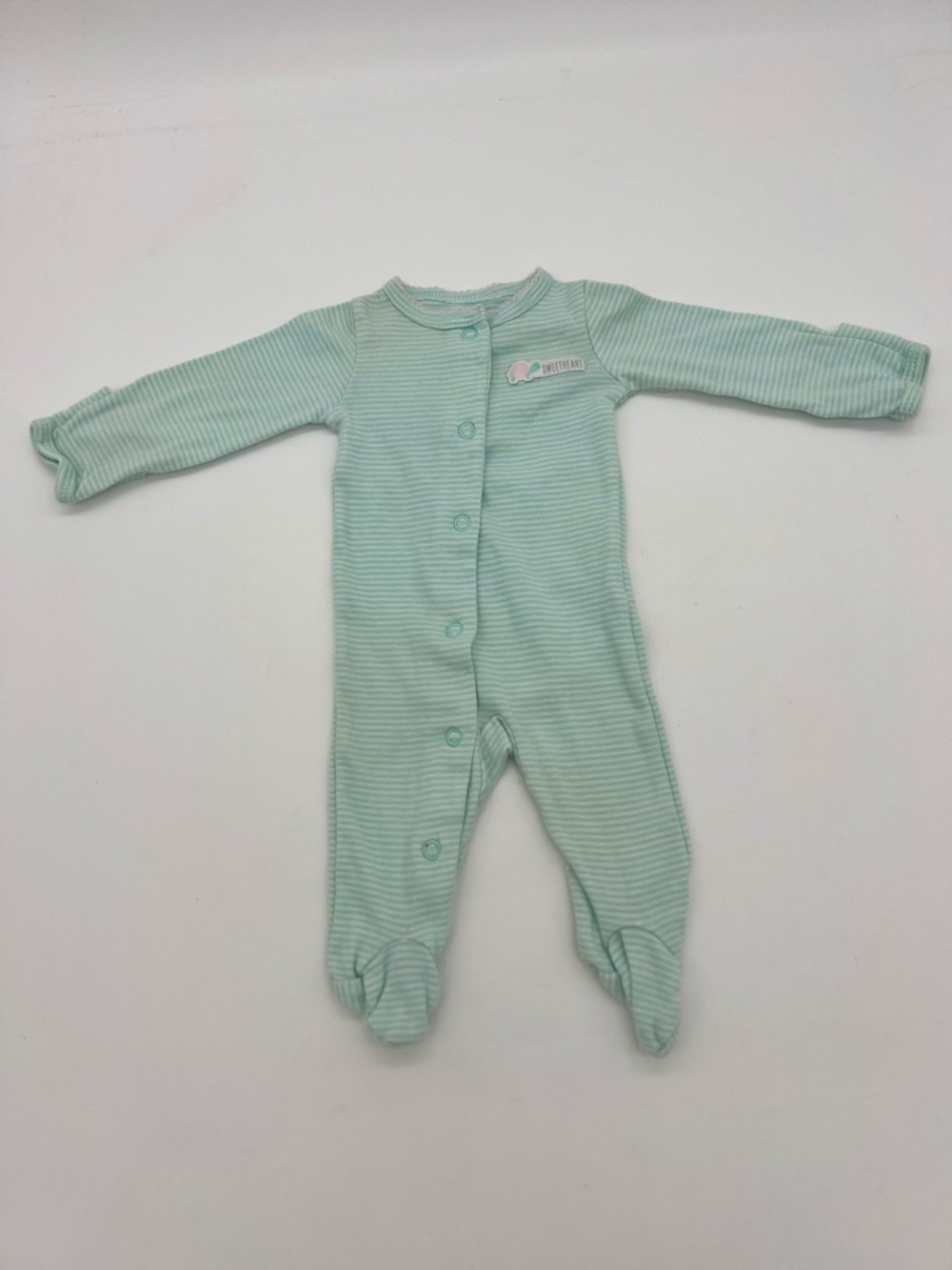 CARTERS Baby Girl Green Striped Sweetheart One Piece Long Sleeves Sz Newborn